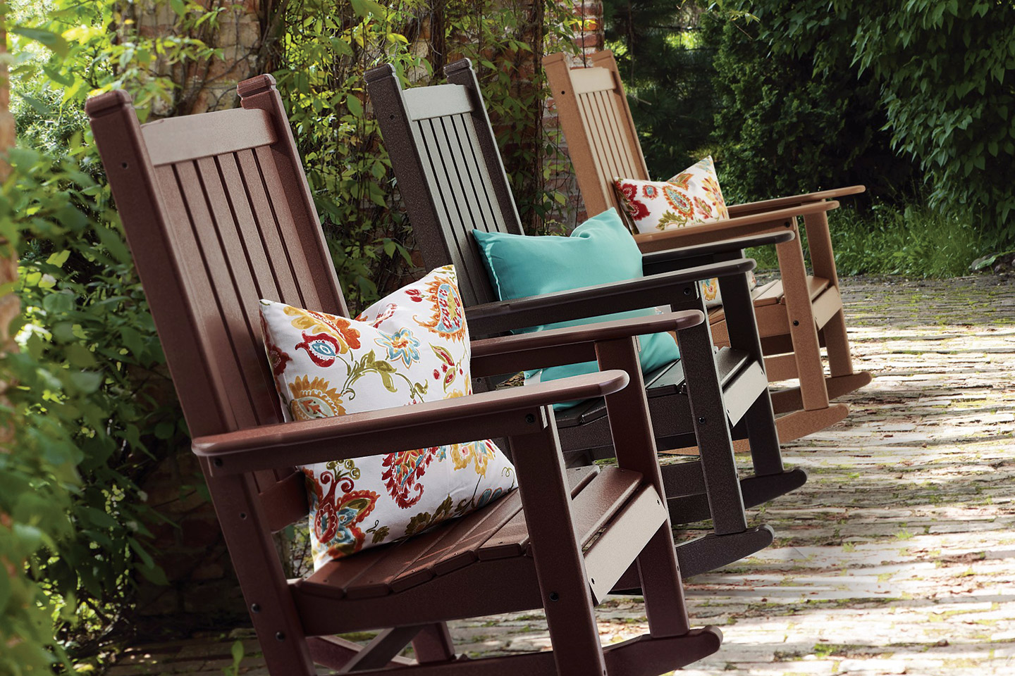 Senior living outdoor space with rocking chairs