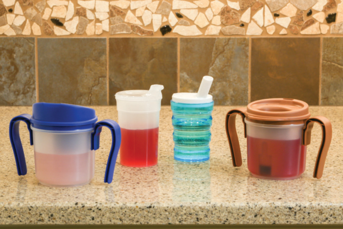 Specialized cups can help seniors with dysphagia control sip size and maintain proper posture.