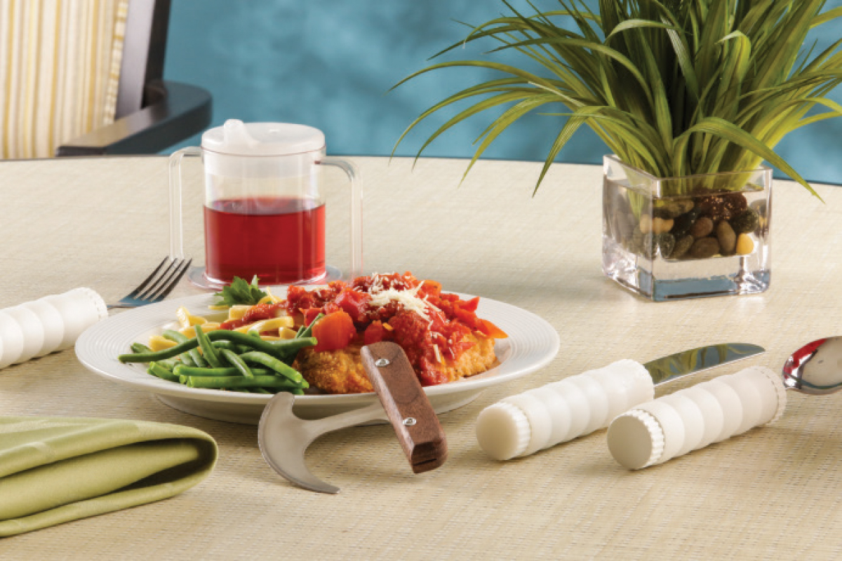 Specialty utensils with weighted handles can help seniors with hand tremors.