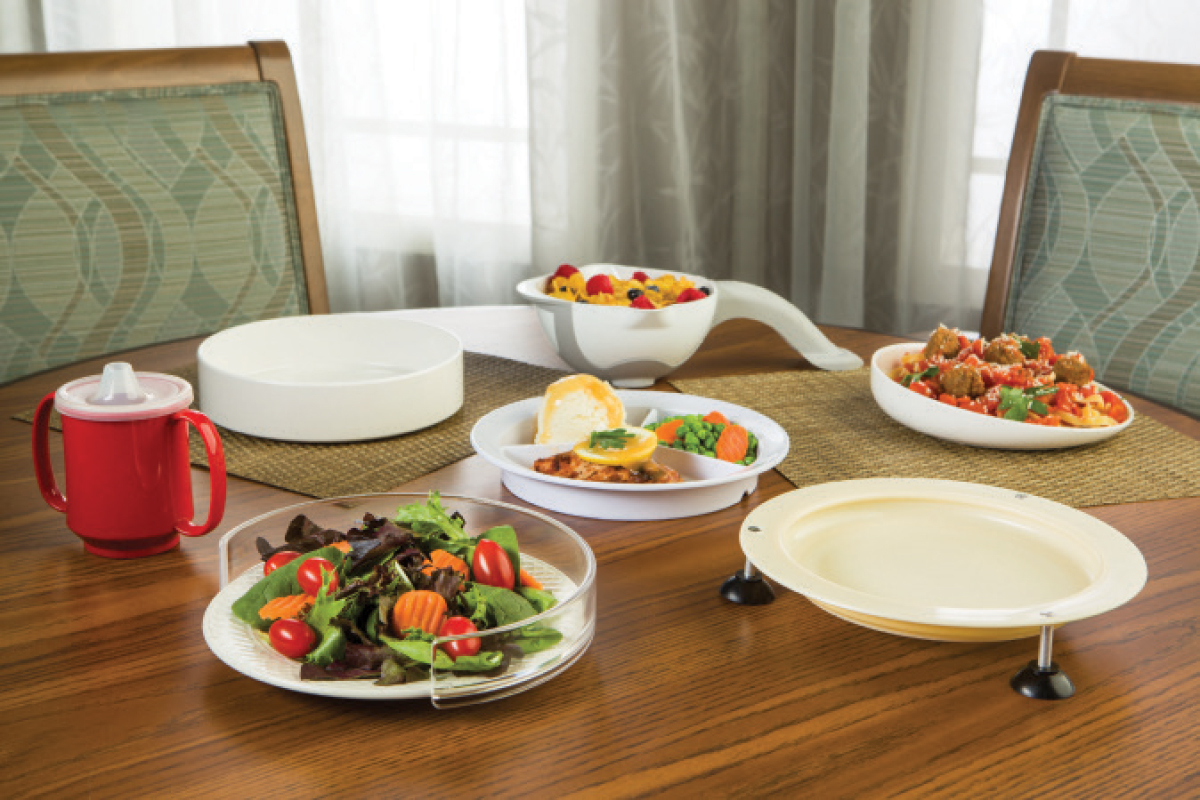 Scoop dishes, food guards and compartment plates can help seniors with hemiplegia and paralysis get their food onto utensils.