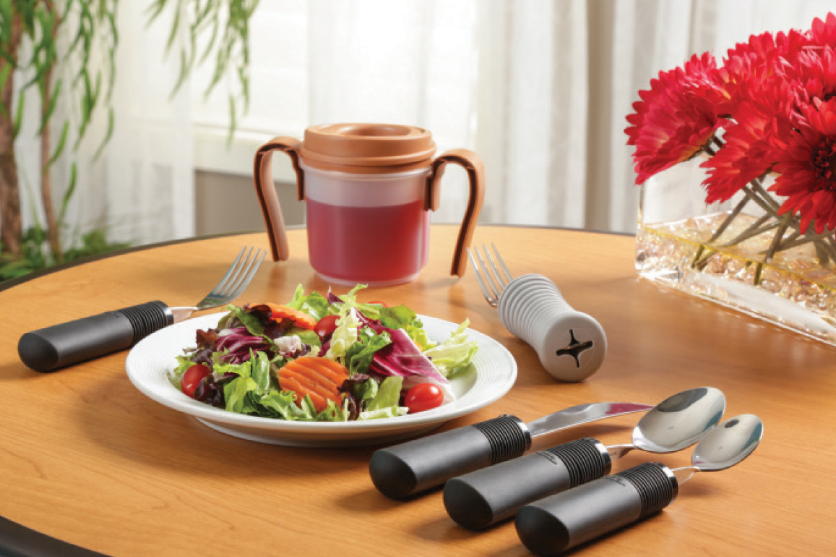 Modified utensils help increase hand function for seniors with limited grasp.