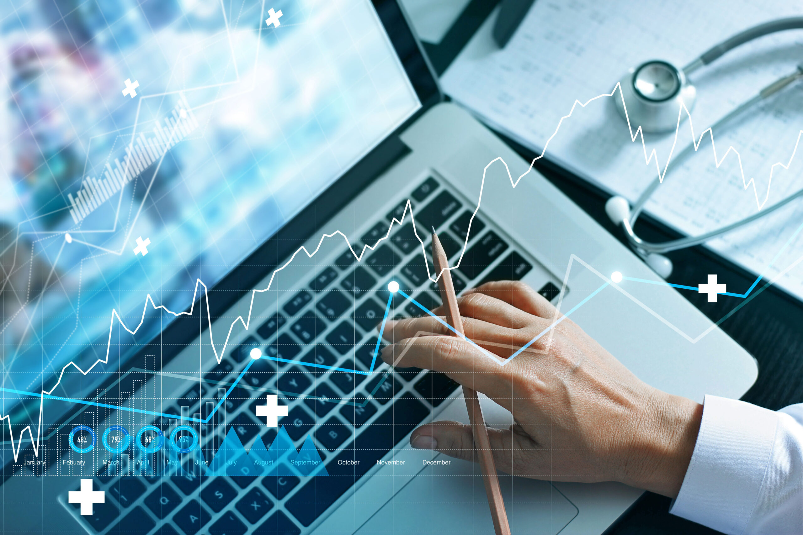 Analyzing data and growth chart healthcare business graph and medical examination on laptop screen. evidence