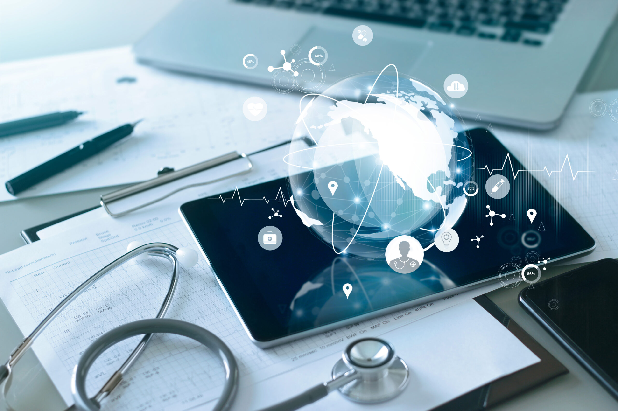Medical global networking and healthcare global network connection on tablet, Medical technology. mapping