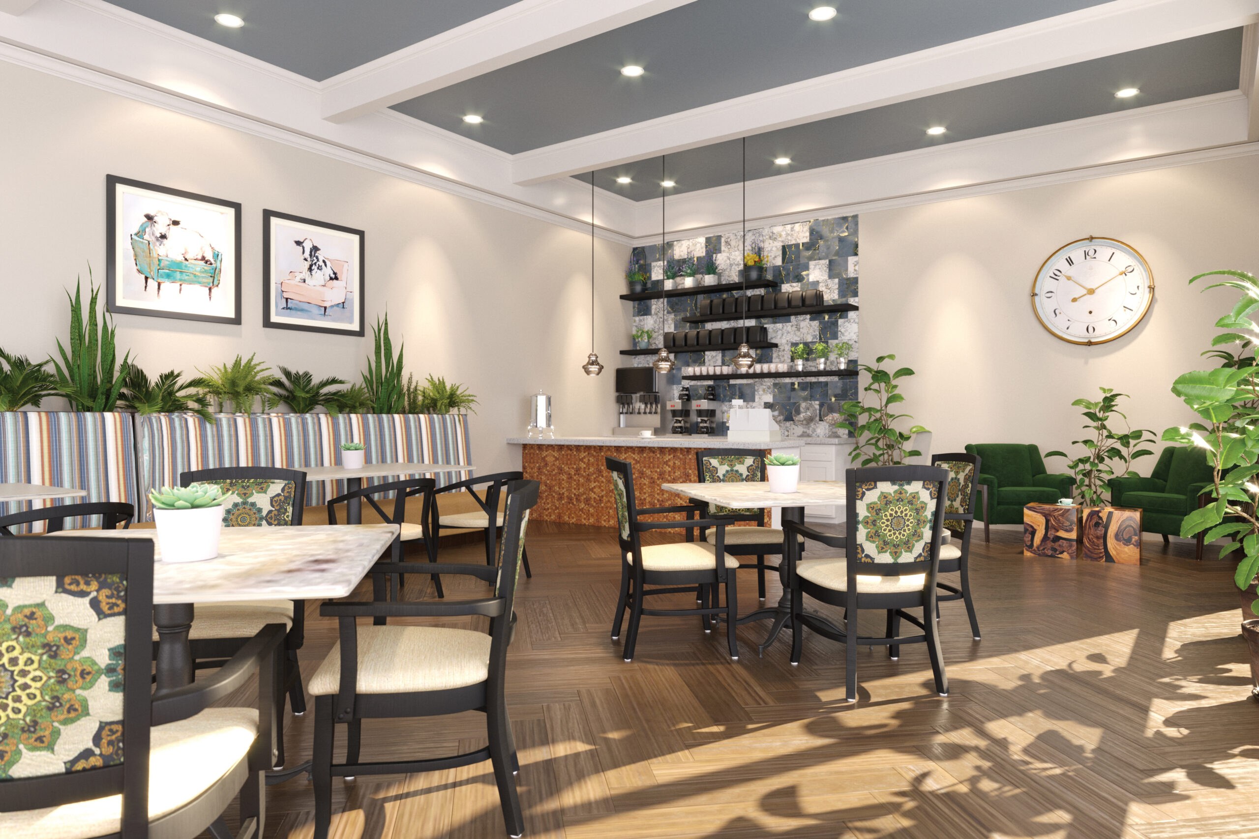 CXY75_iu_a Bistro bar with seating area, beige walls, and cow artwork
