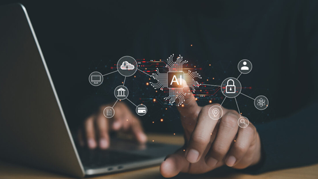 laptop and hands touching ai network procurement icons