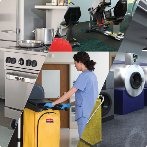 Photo collage showing a commercial kitchen range, commercial laundry services, janitorial cart and therapy room